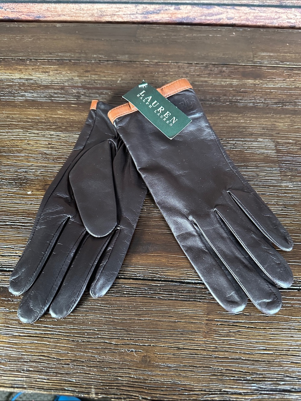 Lauren Ralph Lauren Black Leather Gloves with Tan bow Trim